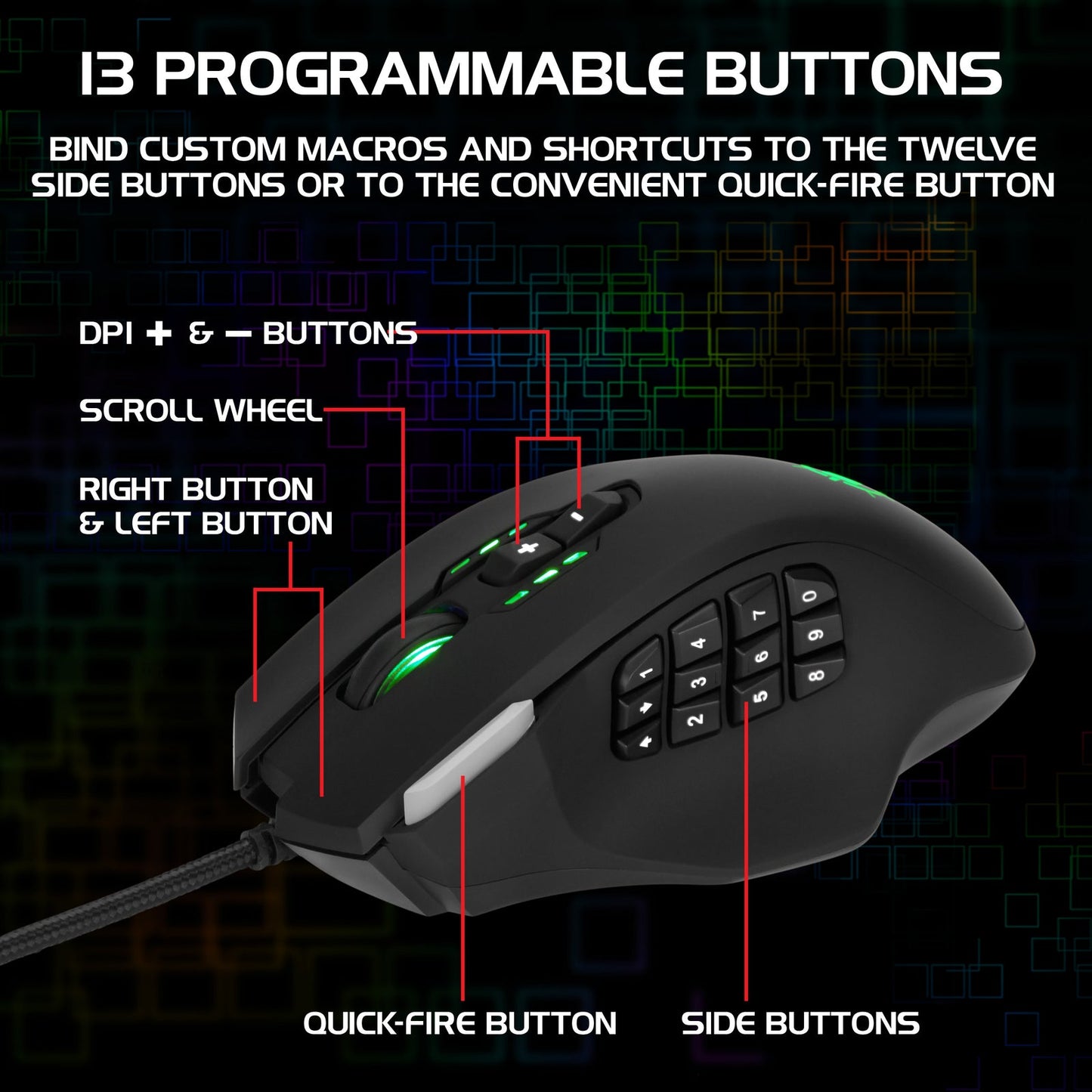 Enhance Theorem 2 MMO Gaming Mouse — 13‑Button, 4000 DPI, Black
