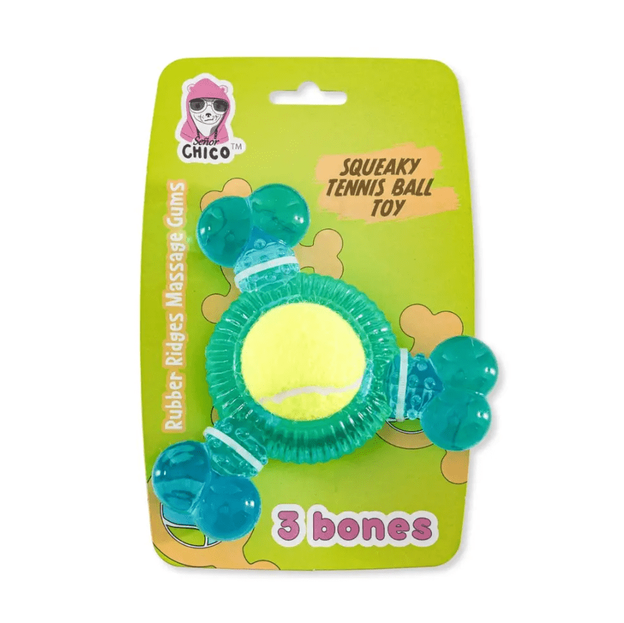 3 - Bone TPR Chew Toy with Squeaker & Tennis Ball for Dogs – Removable Ball & Interactive Play - Mac's Got More