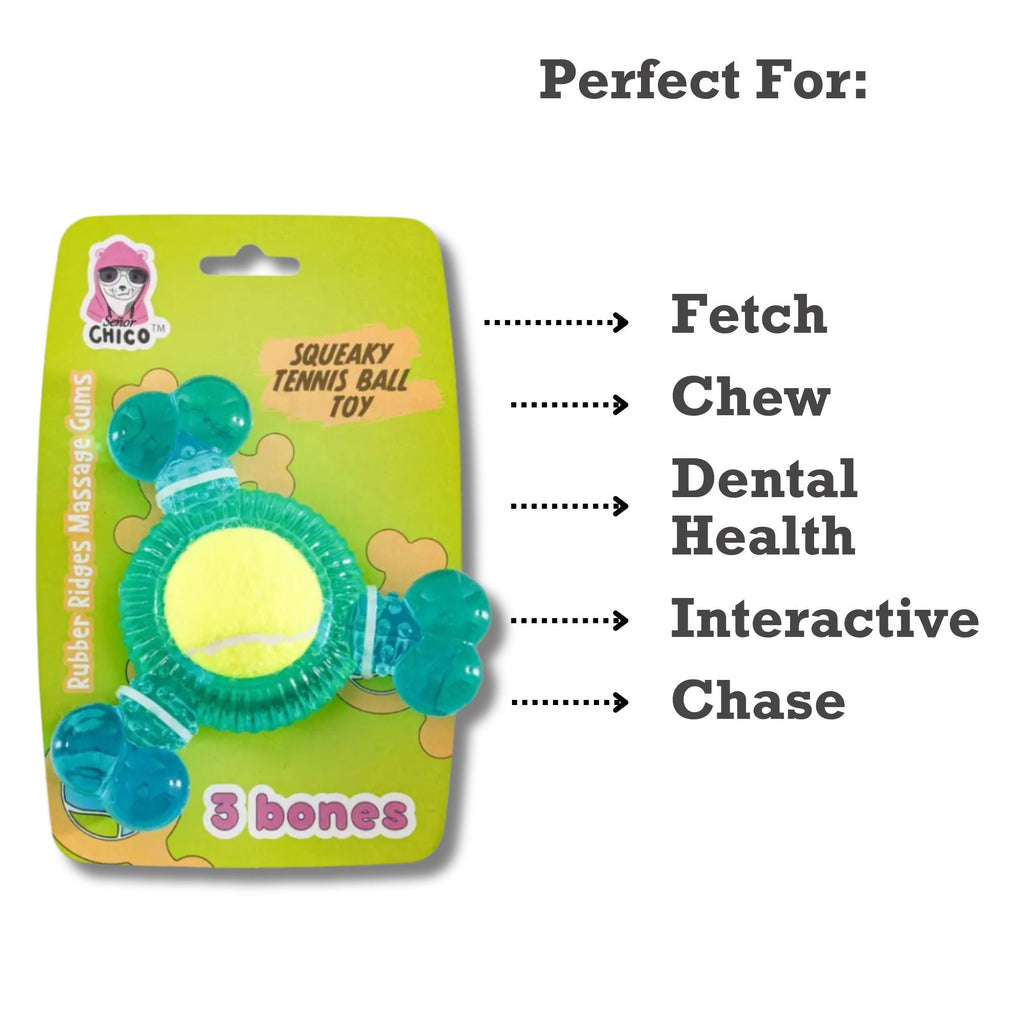 3 - Bone TPR Chew Toy with Squeaker & Tennis Ball for Dogs – Removable Ball & Interactive Play - Mac's Got More