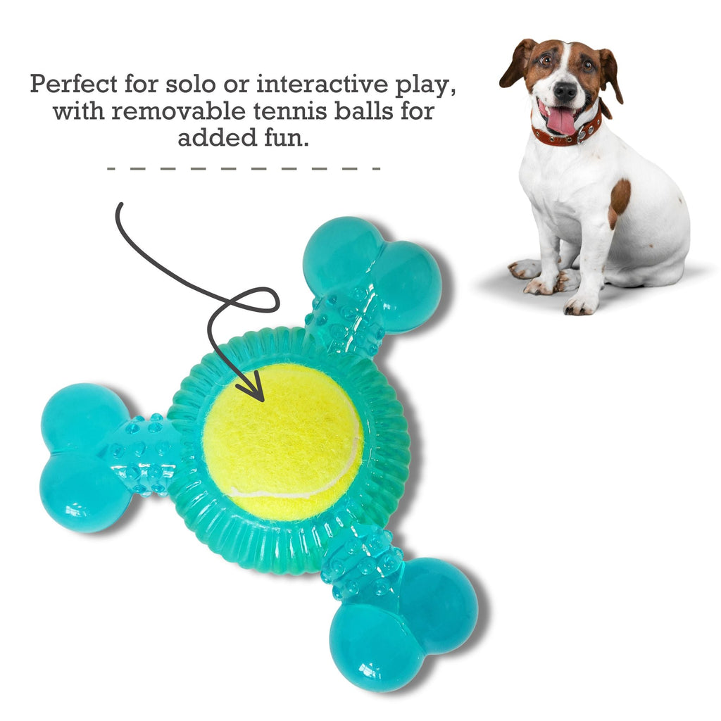 3 - Bone TPR Chew Toy with Squeaker & Tennis Ball for Dogs – Removable Ball & Interactive Play - Mac's Got More