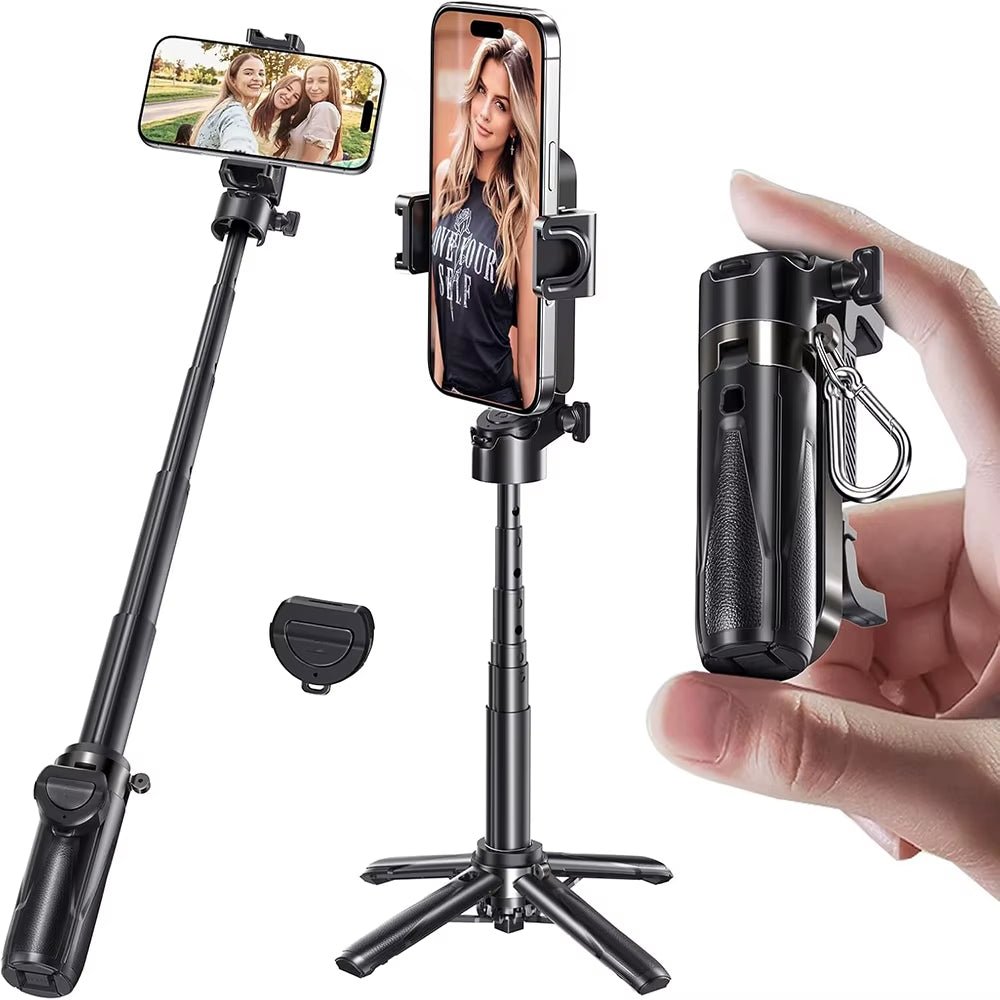 3In1 Selfie Stick Tripod Handle Phone Tripod Selfie Stablizer W Bluetooth Remote Phone Holder for Iphone 16 15 14 13 12 Android - Mac's Got More