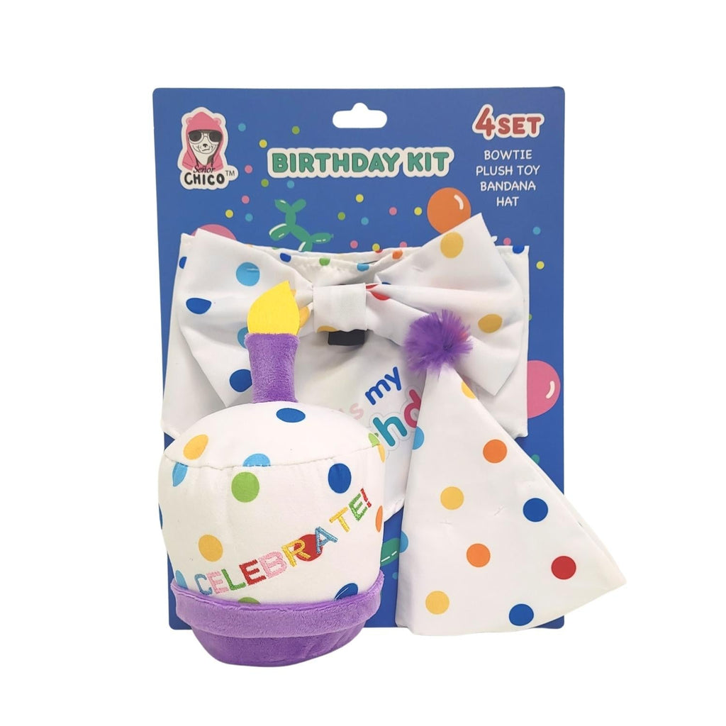 4 - Piece Dog Birthday Kit – Celebrate in Style with Bandana, Hat, Bow Tie & Plush Toy - Mac's Got More