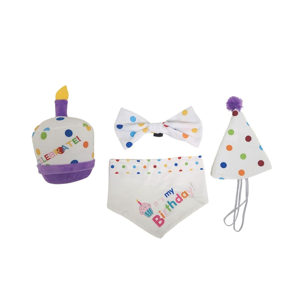 4 - Piece Dog Birthday Kit – Celebrate in Style with Bandana, Hat, Bow Tie & Plush Toy - Mac's Got More