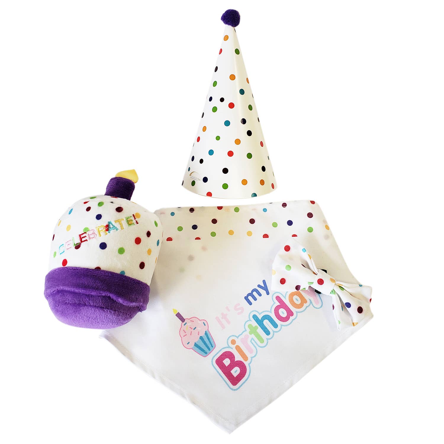 4 - Piece Dog Birthday Kit – Celebrate in Style with Bandana, Hat, Bow Tie & Plush Toy - Mac's Got More
