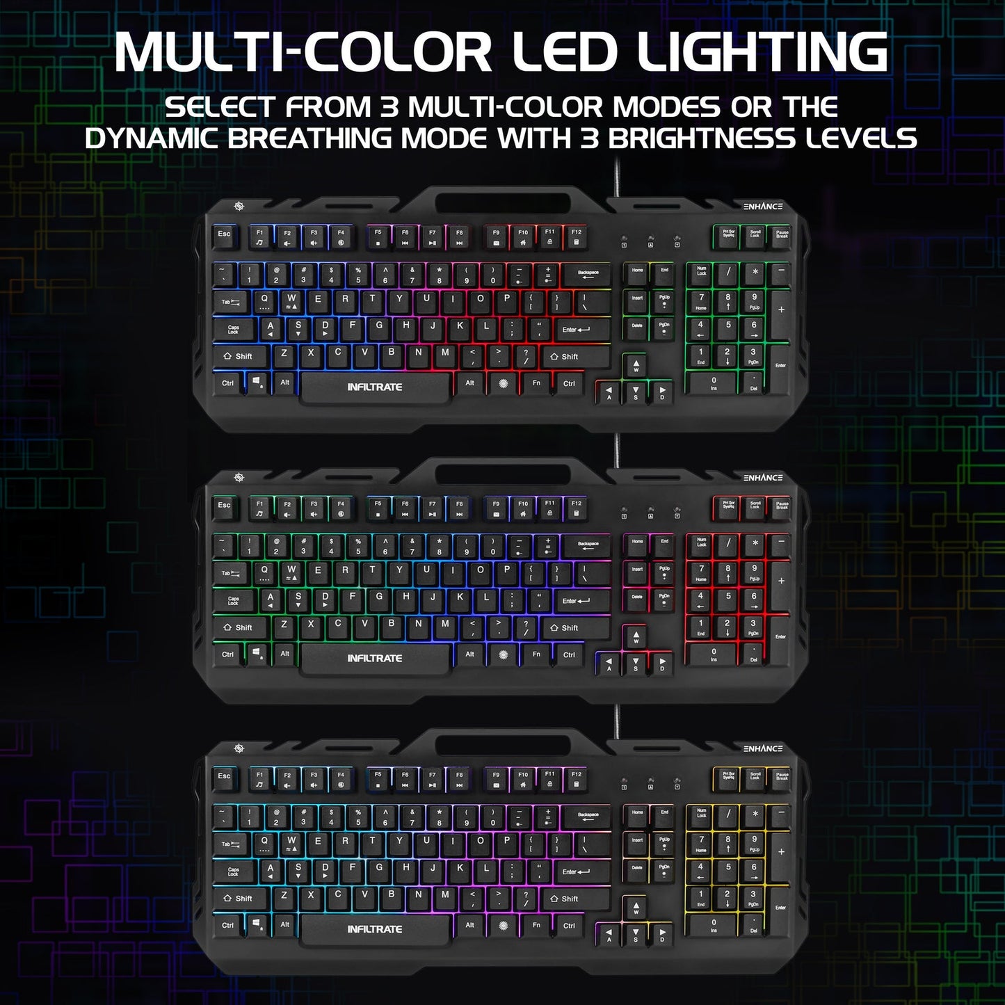 Enhance Infiltrate KL2 Membrane Gaming Keyboard – Multi-Color LED – Metal Build – Quiet Switches