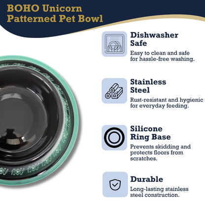 Non-Skid Boho Stainless Steel Dog Bowl – with Whimsical Unicorn Design, Silicone Base for Medium Dogs – 24oz
