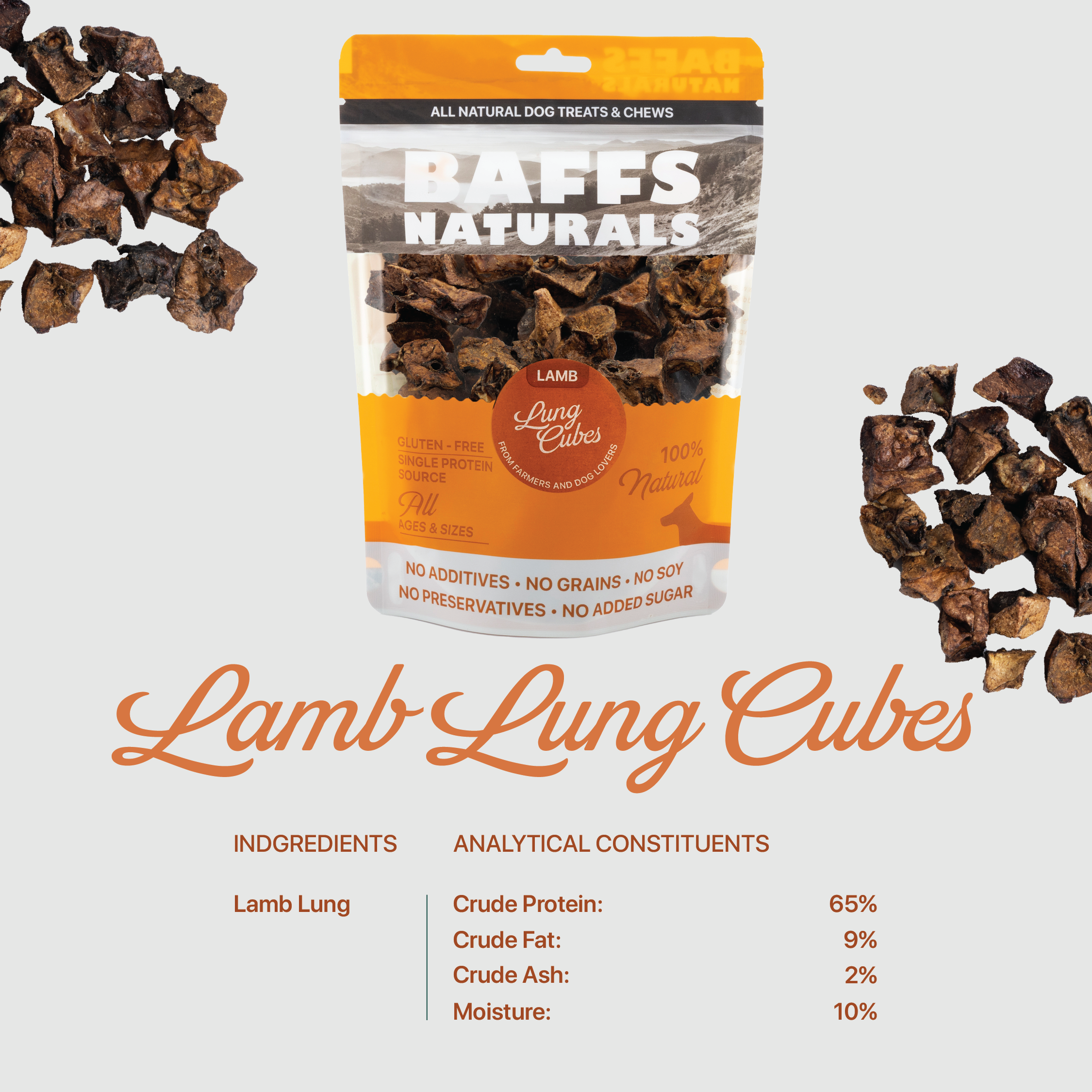 BAFFS NATURALS All-Natural Premium Lamb Lung Cubes – (7oz Bag)