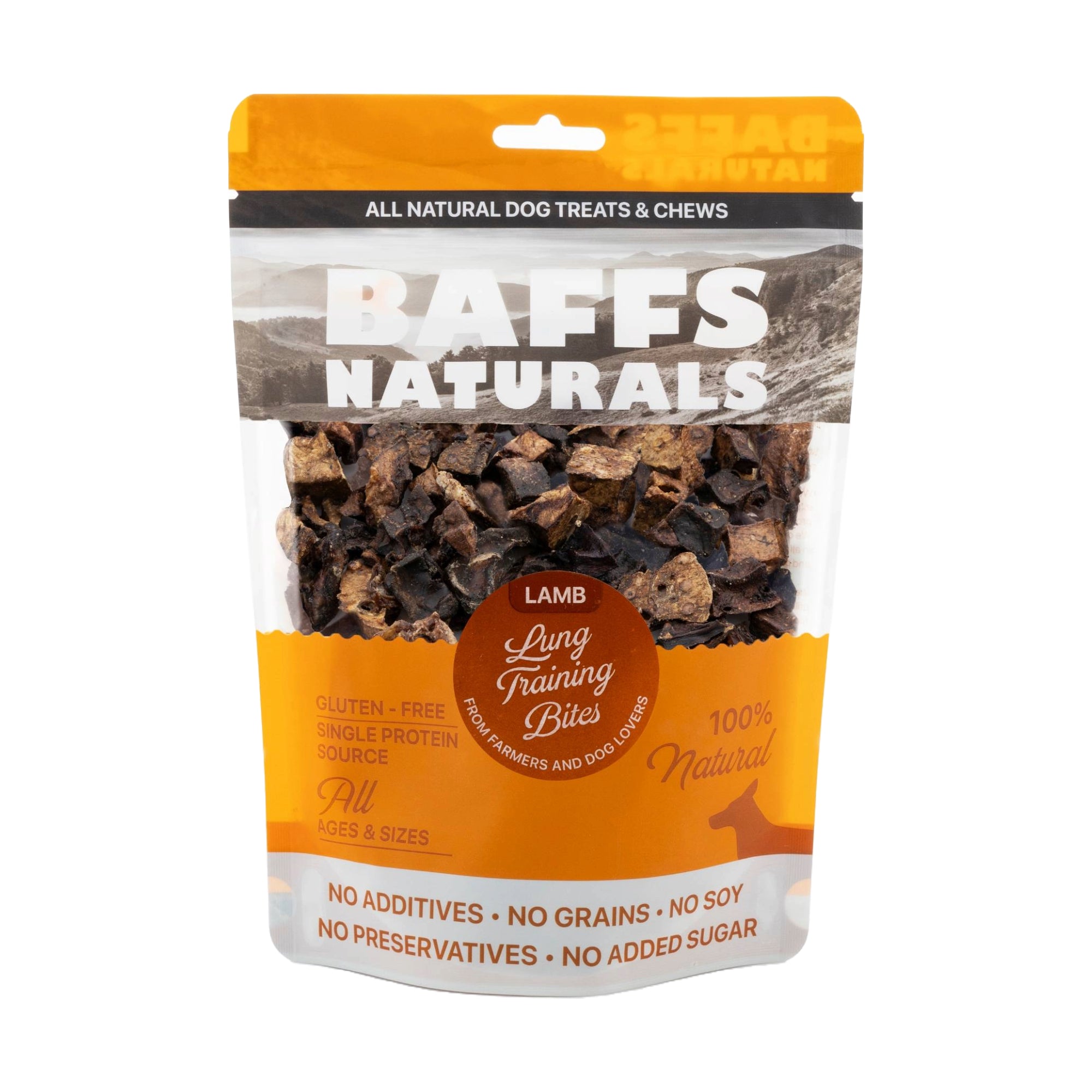 BAFFS NATURALS Lamb Lung Training Bites – All-Natural, Protein-Packed Dog Treats (7oz Bag) packaging with crunchy dog treats.
