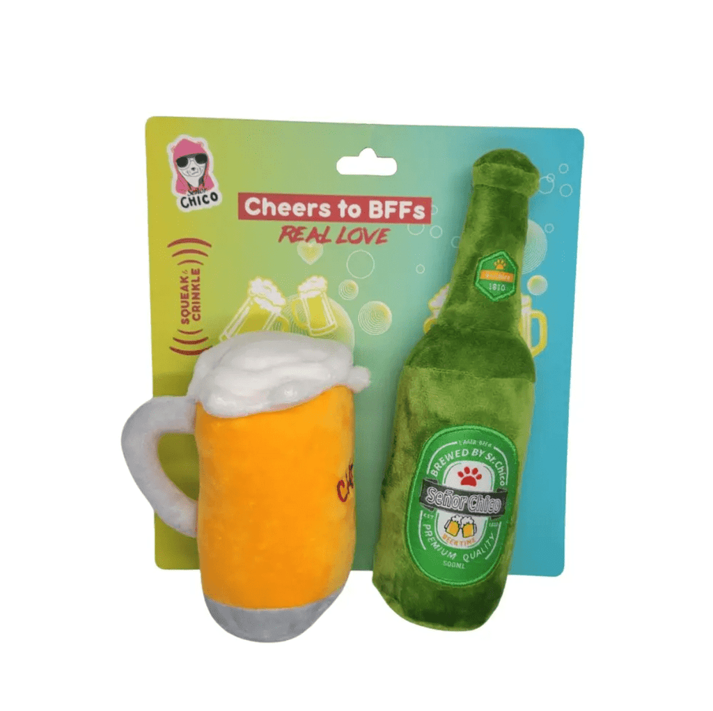 Beers - Cheers Plush Dog Toy Gift Set – with Squeaker & Crinkle Paper for Fun Play - Mac's Got More
