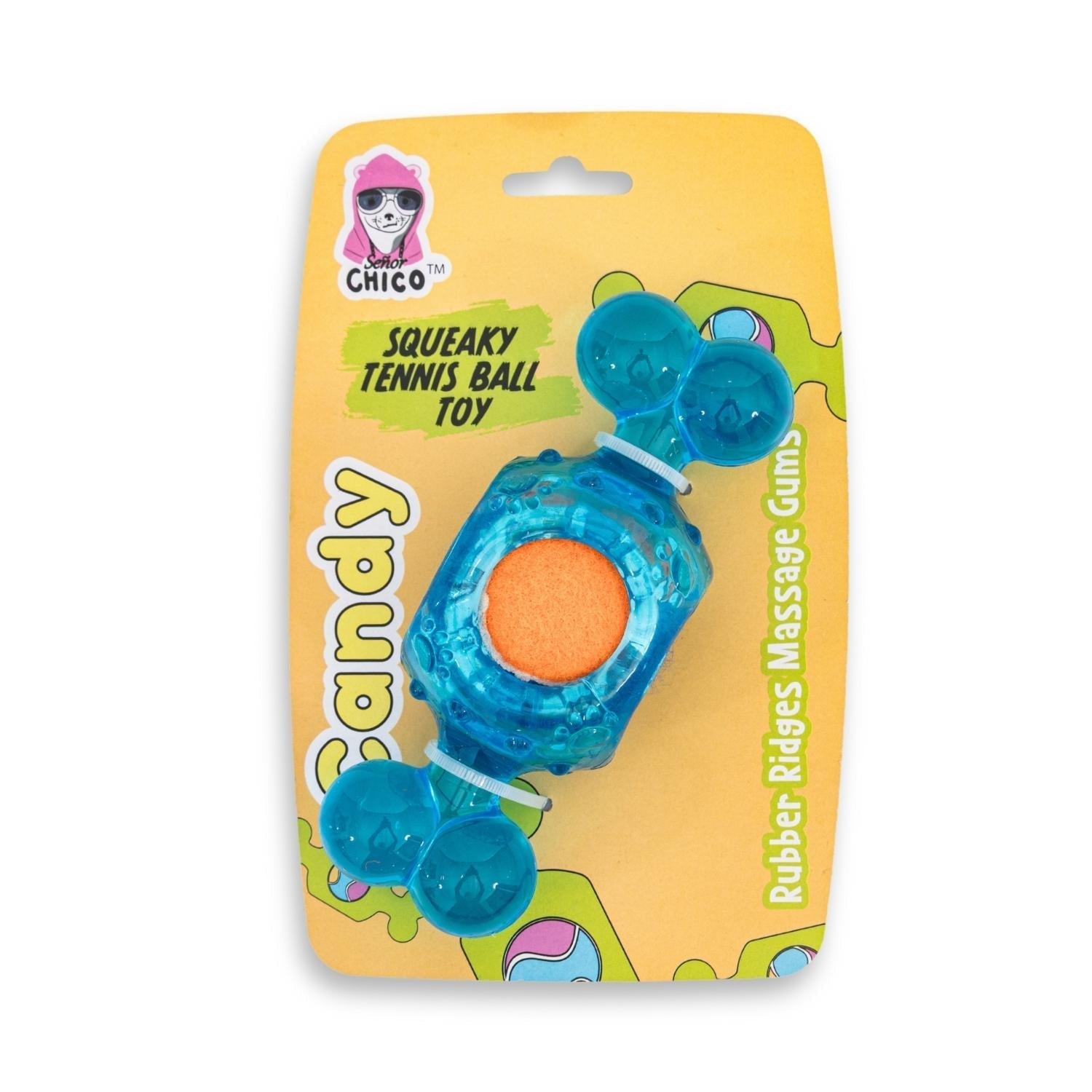 Blue Candy - Inspired Squeaky Tennis Ball Dog Chew Toy – TPR, Durable & Promotes Dental Health - Mac's Got More