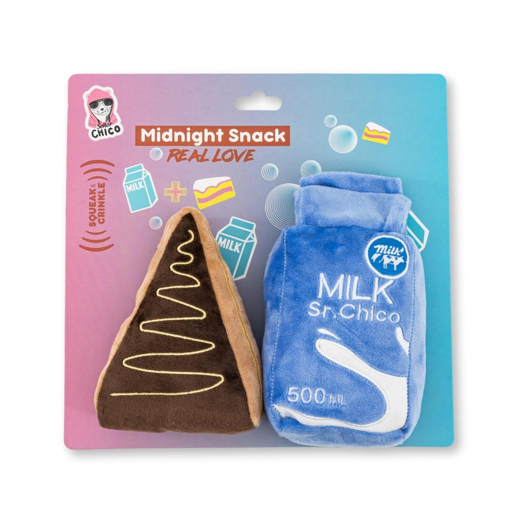 Cake Slice & Milk Midnight Snack Plush Dog Toy Gift Set – with Squeaker & Crinkle Paper - Mac's Got More