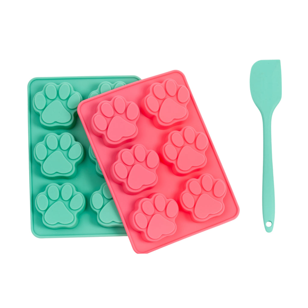Country Living 3 - Piece Silicone Baking Kit – Includes 2 Baking Trays (6 - Cavity Paw Print Mold) & Spatula – for Homemade Dog Treats, Candy, Chocolate, and Ice Cubes - Mac's Got More
