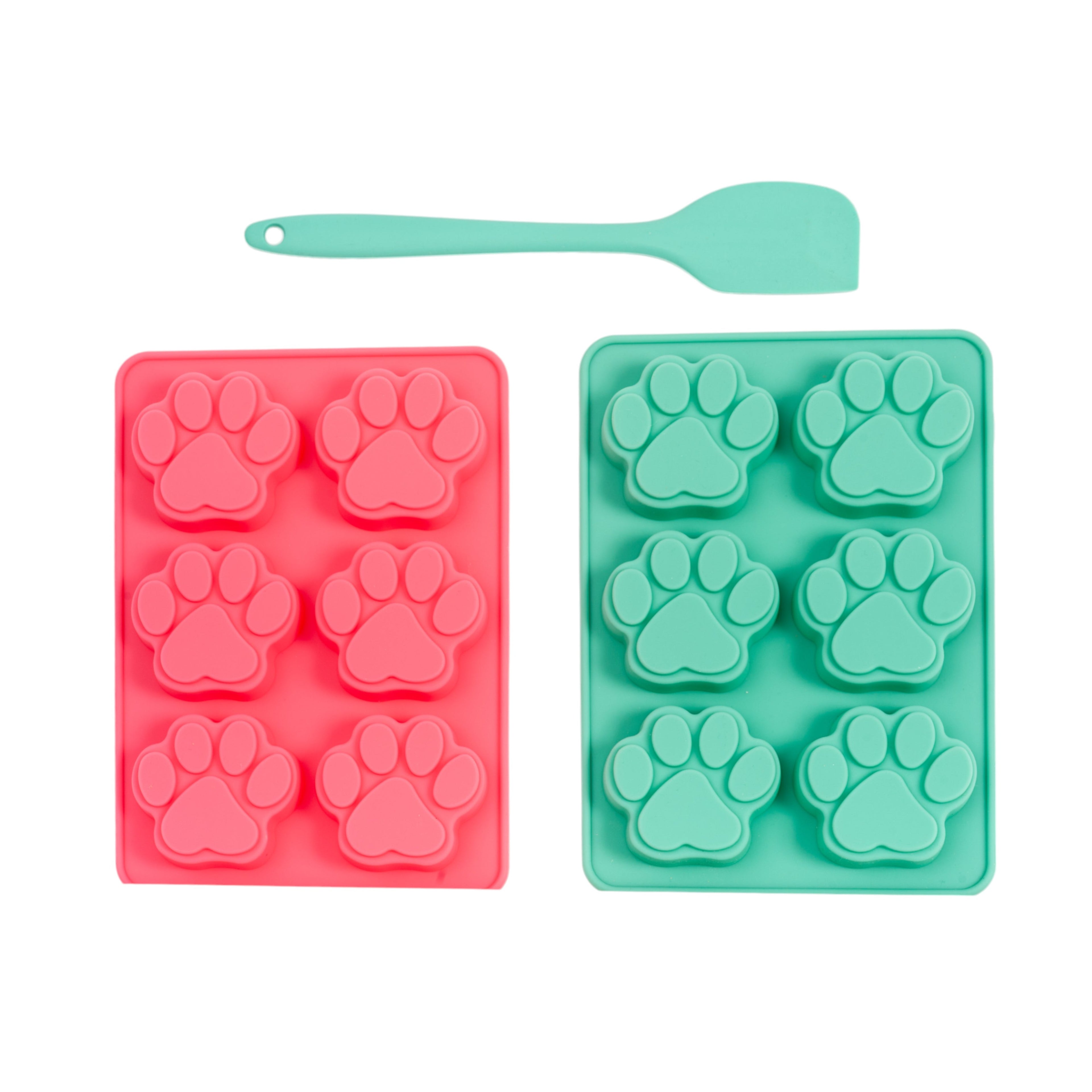 Country Living 3 - Piece Silicone Baking Kit – Includes 2 Baking Trays (6 - Cavity Paw Print Mold) & Spatula – for Homemade Dog Treats, Candy, Chocolate, and Ice Cubes - Mac's Got More