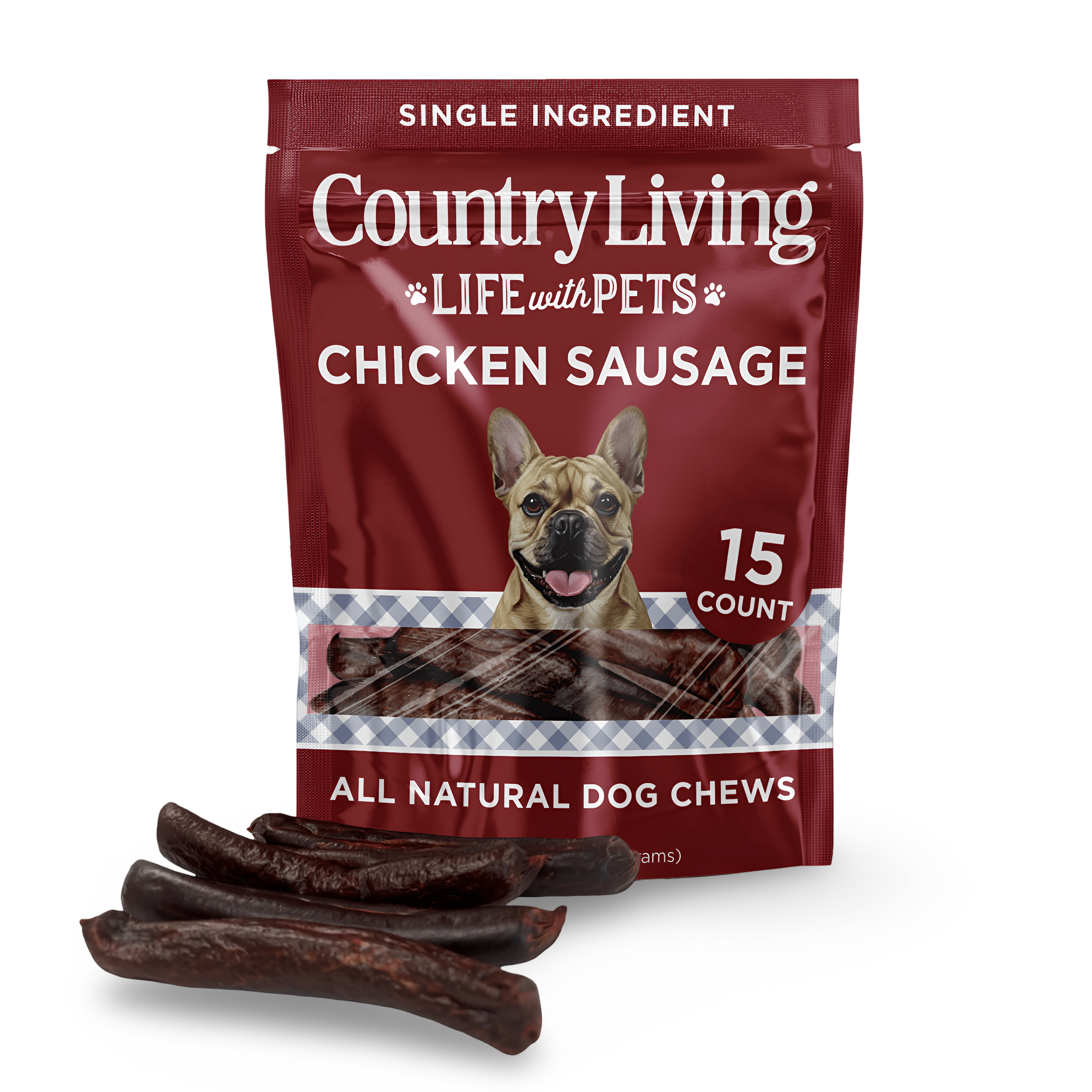 Country Living 4” - 5” Beef Flavored Chicken Sausage Dog Treats – 15 Count Bag – Soft & Chewy, High - Protein Training & Reward Treats – Grain - Free, No Artificial Flavors or Preservatives - Mac's Got More