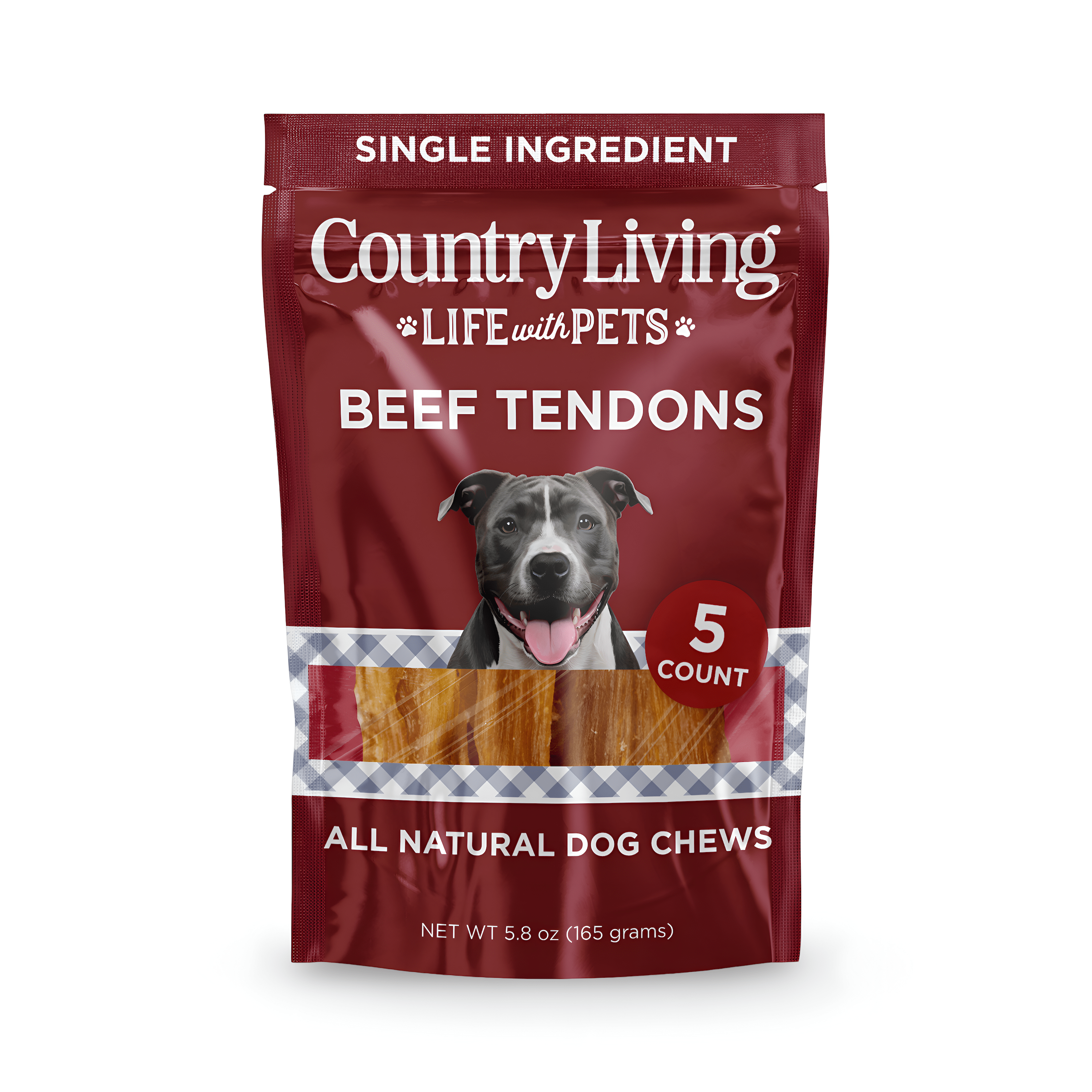 Country Living 4” - 7” Beef Backstrap Tendon Dog Chews – 5 Count Bag – All - Natural, Long - Lasting, High - Protein Dog Treats – Single - Ingredient, Grain - Free - Mac's Got More