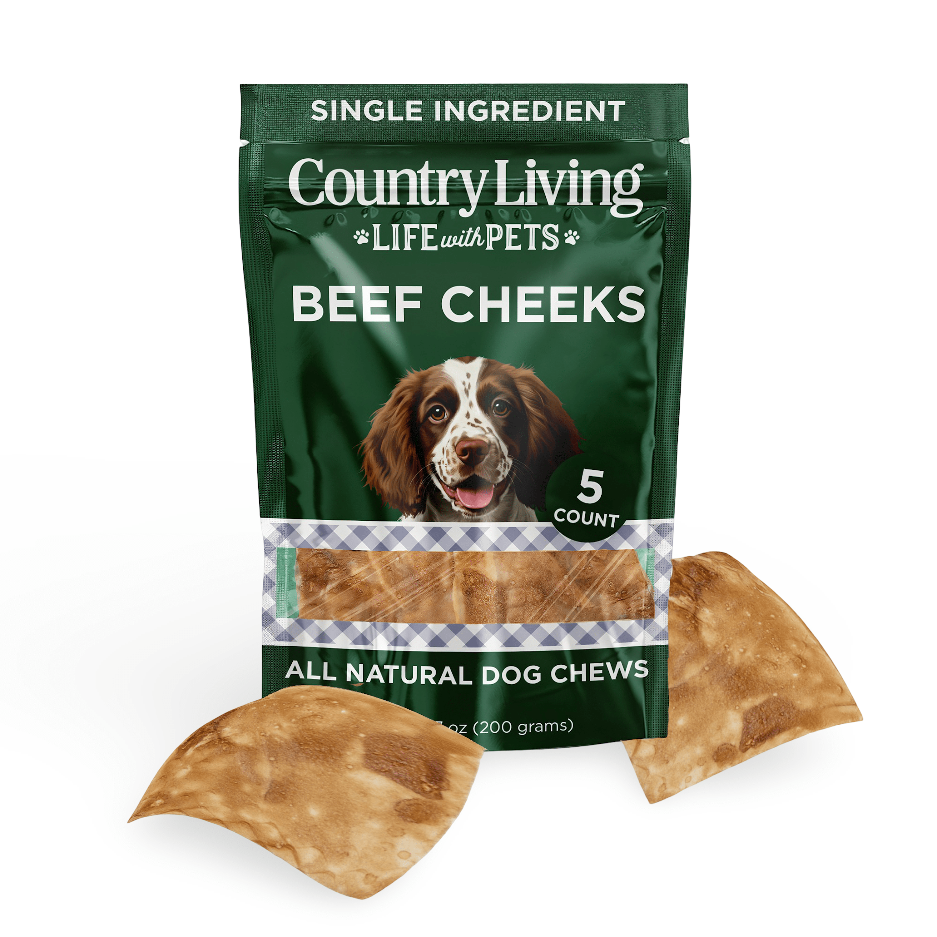 Country Living 4” x 4” Beef Cheek Chip Dog Treats – Chicken Flavor – 5 Count Bag – All - Natural, High - Protein, Long - Lasting Dog Chews - Mac's Got More