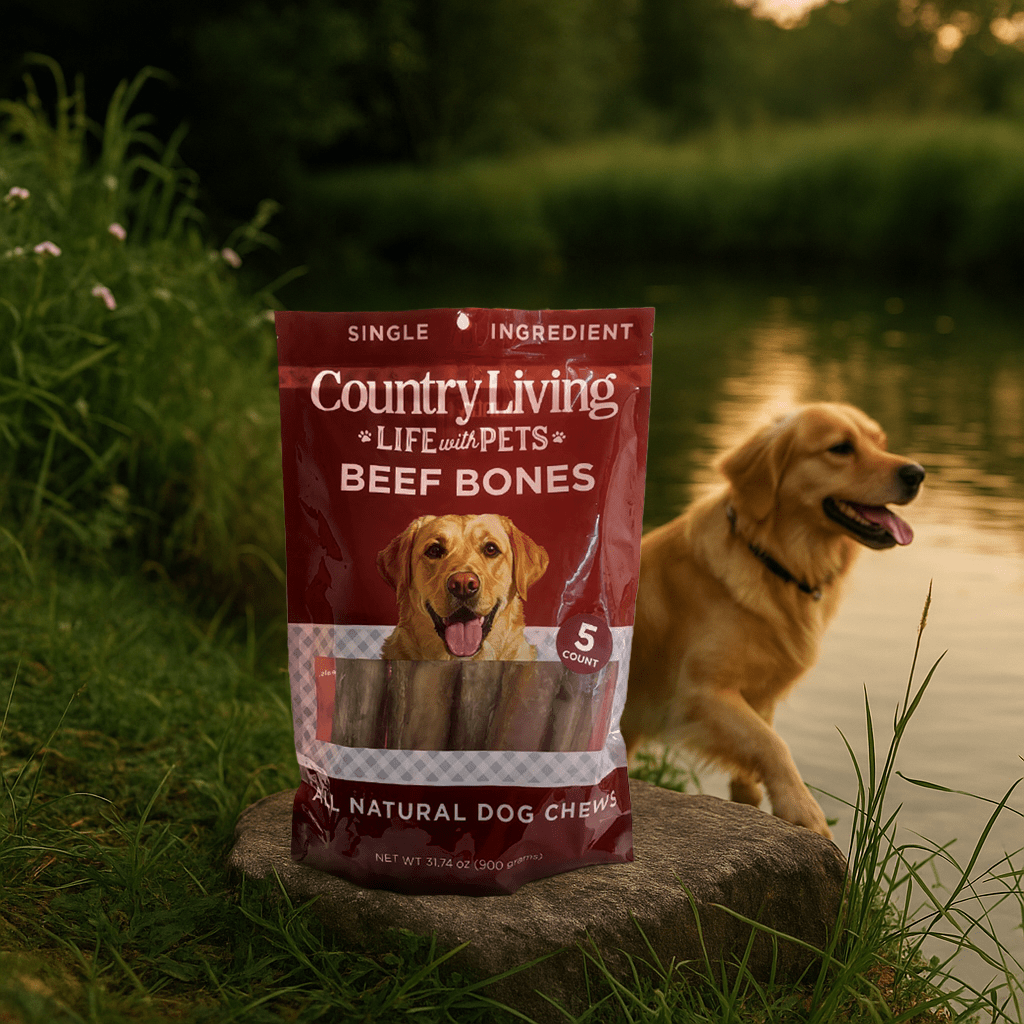 Country Living 5” - 6” Beef Center Cut Bones for Dogs – 5 Count Bag – All - Natural, Long - Lasting Dog Chews – Single - Ingredient, High - Protein, Rawhide - Free – Supports Dental Health - Mac's Got More