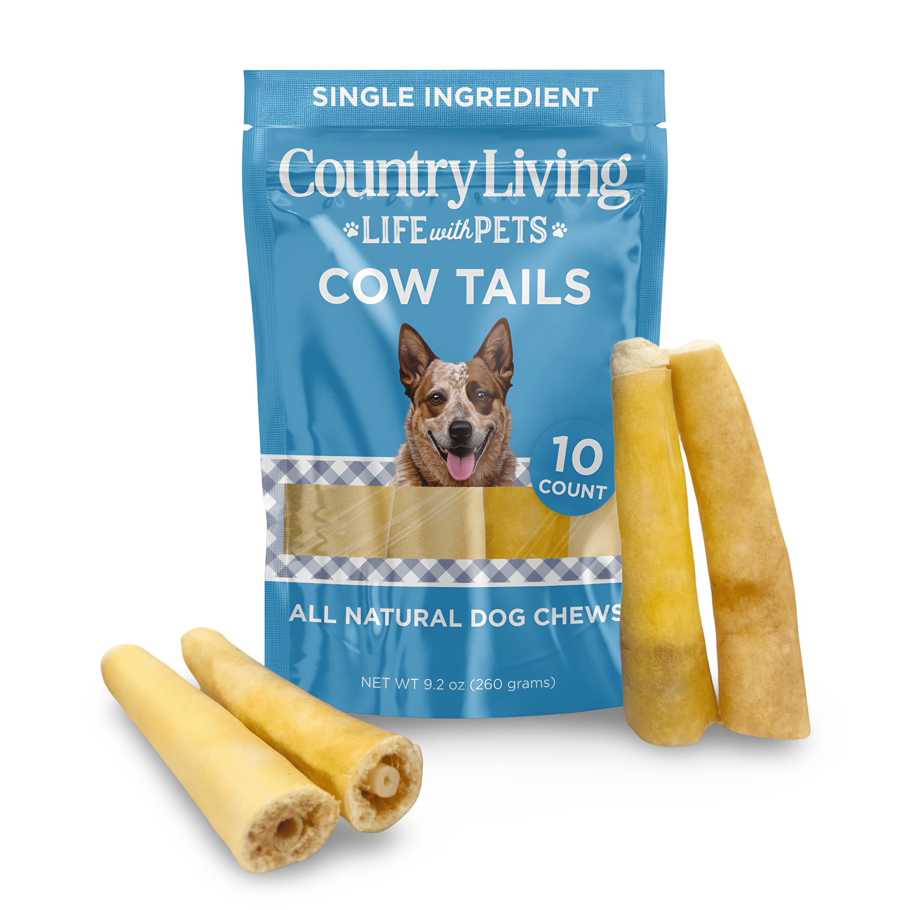 Country Living 5” - 7” Cow Tails Dog Chews – 10 Count Bag – All - Natural, Single - Ingredient, Long - Lasting Beef Chews – High - Protein, Grain - Free – Promotes Dental Health - Mac's Got More