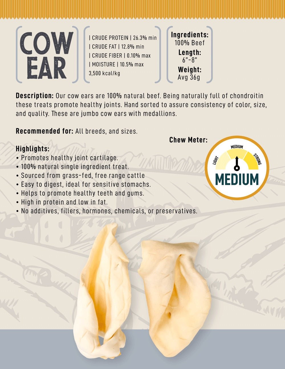 Country Living All - Natural Cow Ear Dog Treats – Single - Ingredient Chews – (25/Case) - Mac's Got More