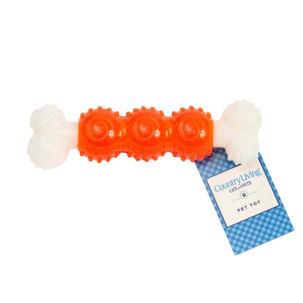 Country Living Bone - a - Treat Dog Chew Toy – Orange Bulged Balls & Green Spiral Ring - Mac's Got More