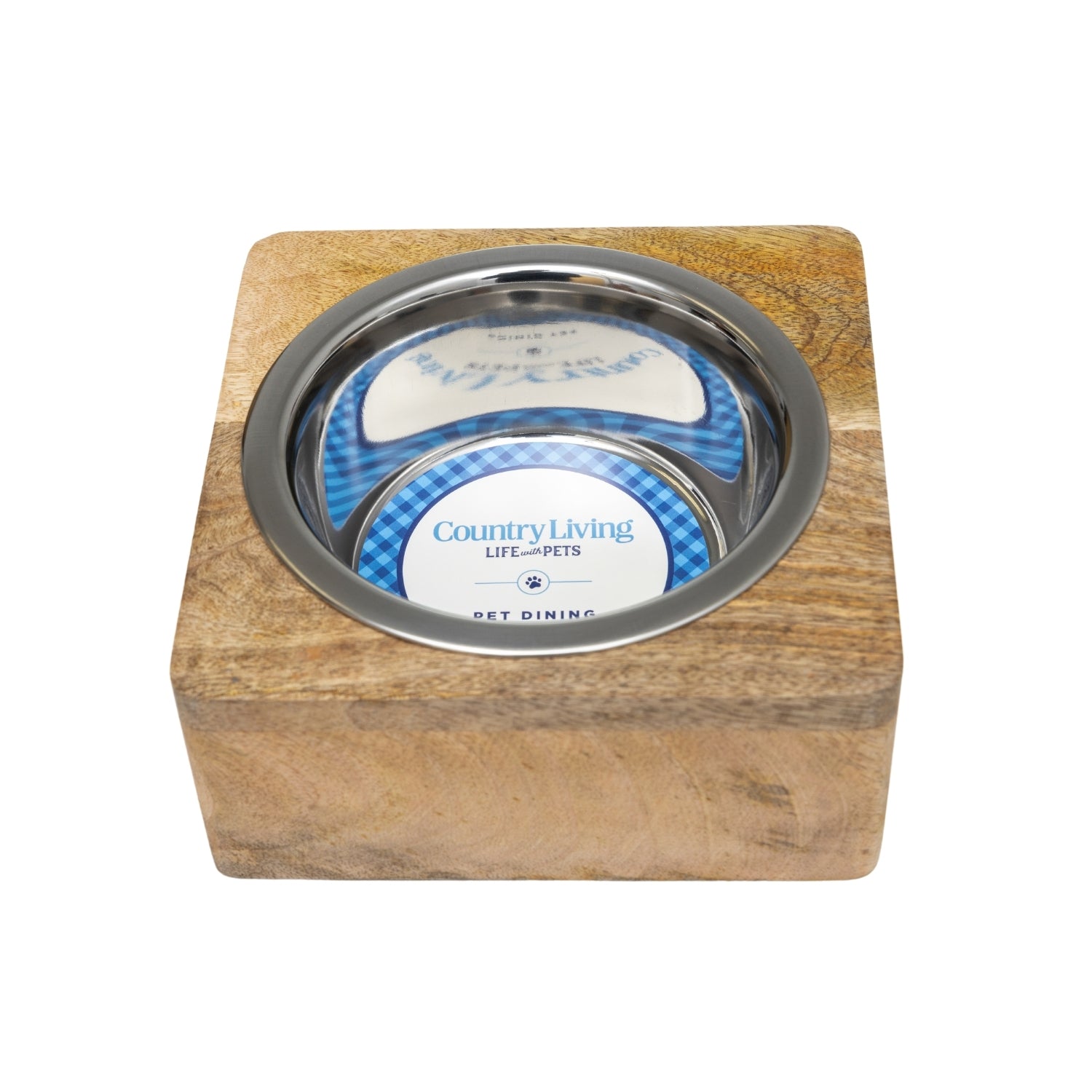 Country Living Elegant Stainless Steel Dog Bowl with Square Mango Wood Holder – 1 Quart - Mac's Got More