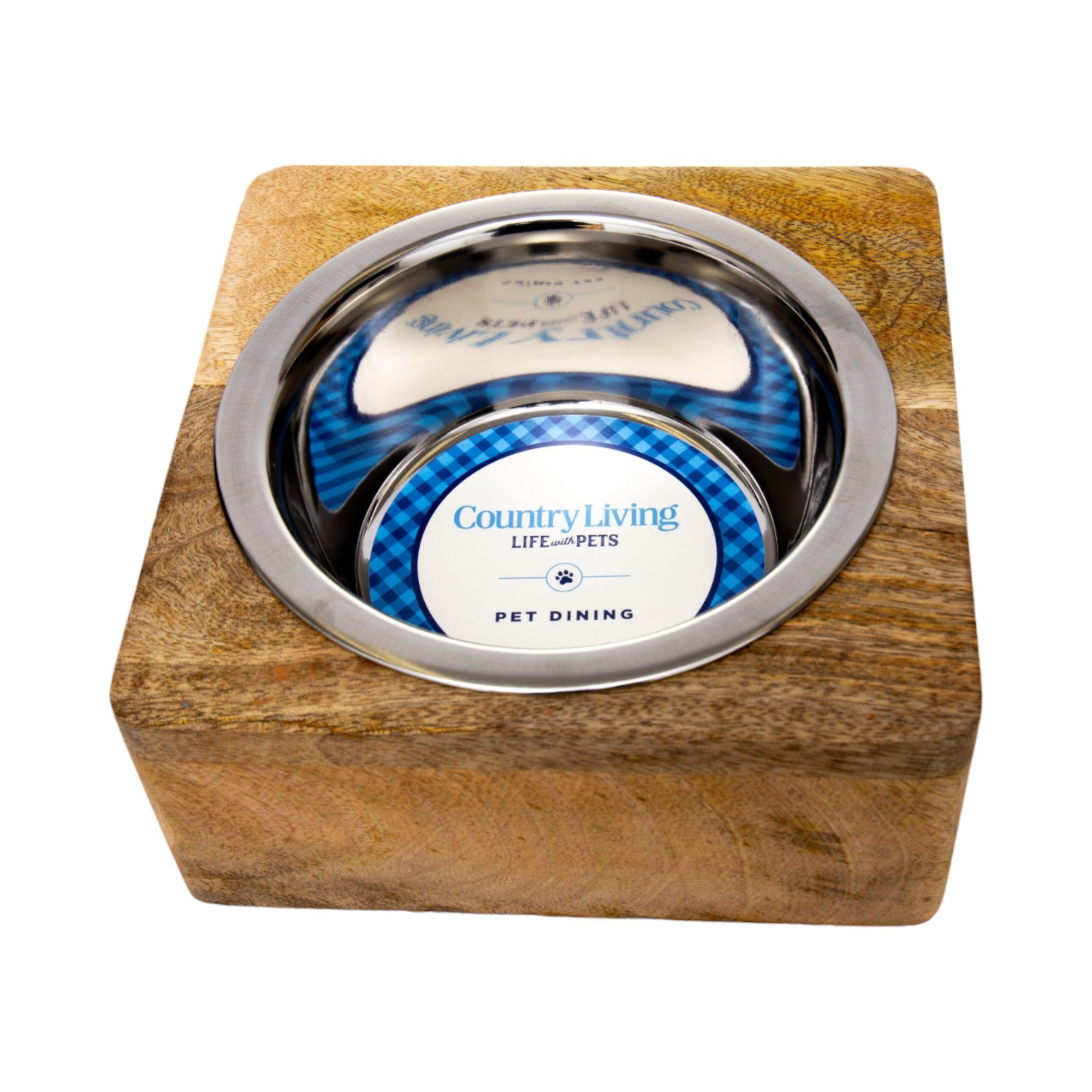 Country Living Elegant Stainless Steel Dog Bowl with Square Mango Wood Holder – 1 Quart - Mac's Got More