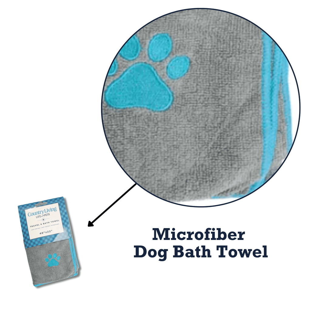 Country Living Large Gray Microfiber Dog Bath Towel with Teal Embroidered Paw Print - Mac's Got More