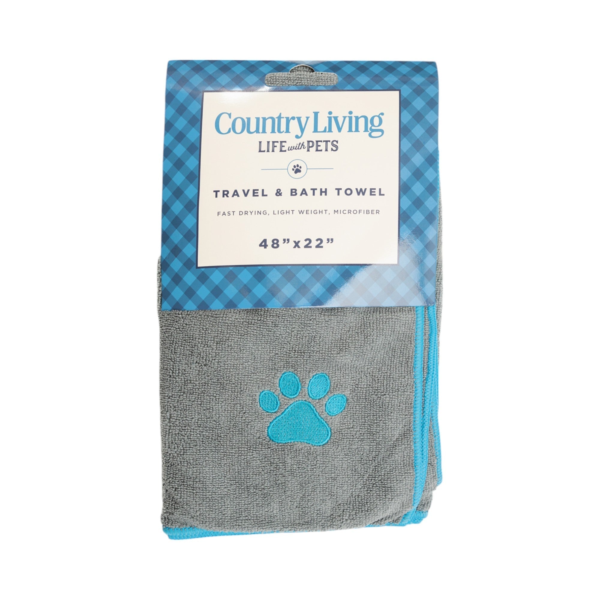 Country Living Large Gray Microfiber Dog Bath Towel with Teal Embroidered Paw Print - Mac's Got More