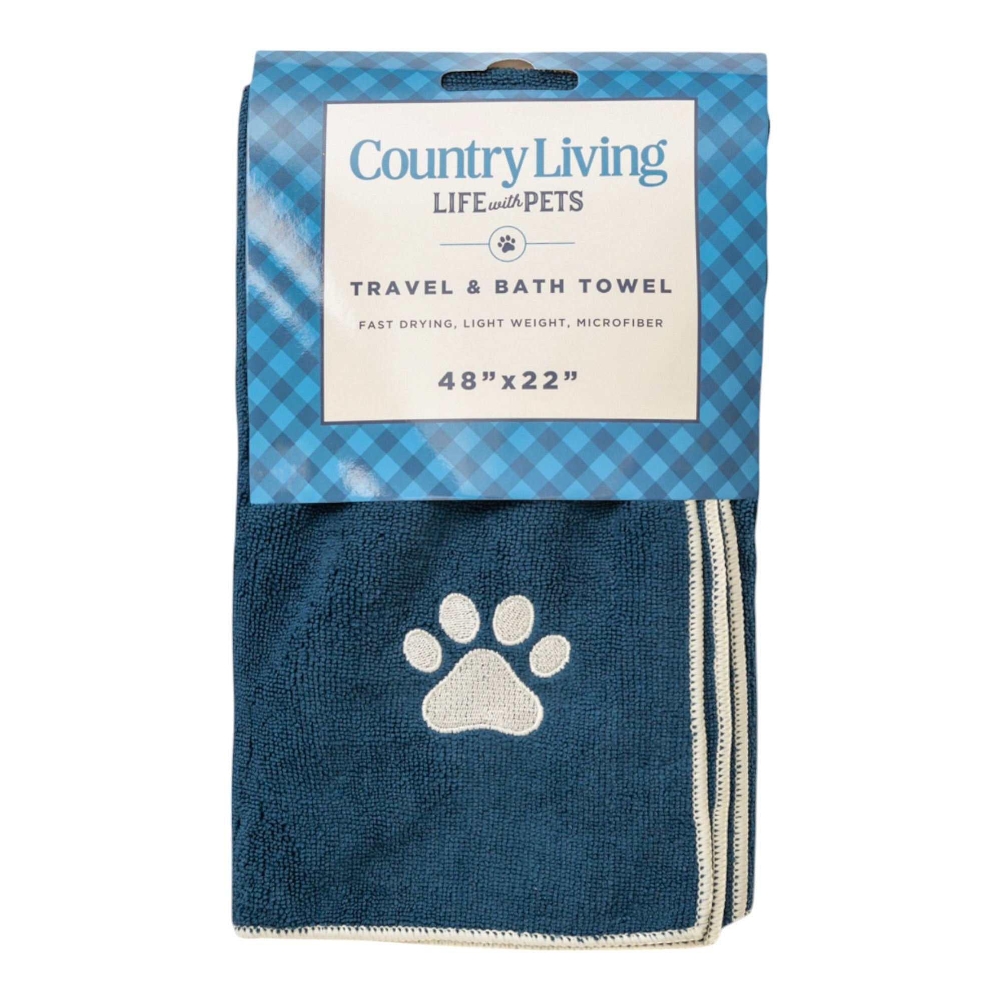 Country Living Large Marine Blue Microfiber Dog Bath Towel with Embroidered Paw Print - Mac's Got More