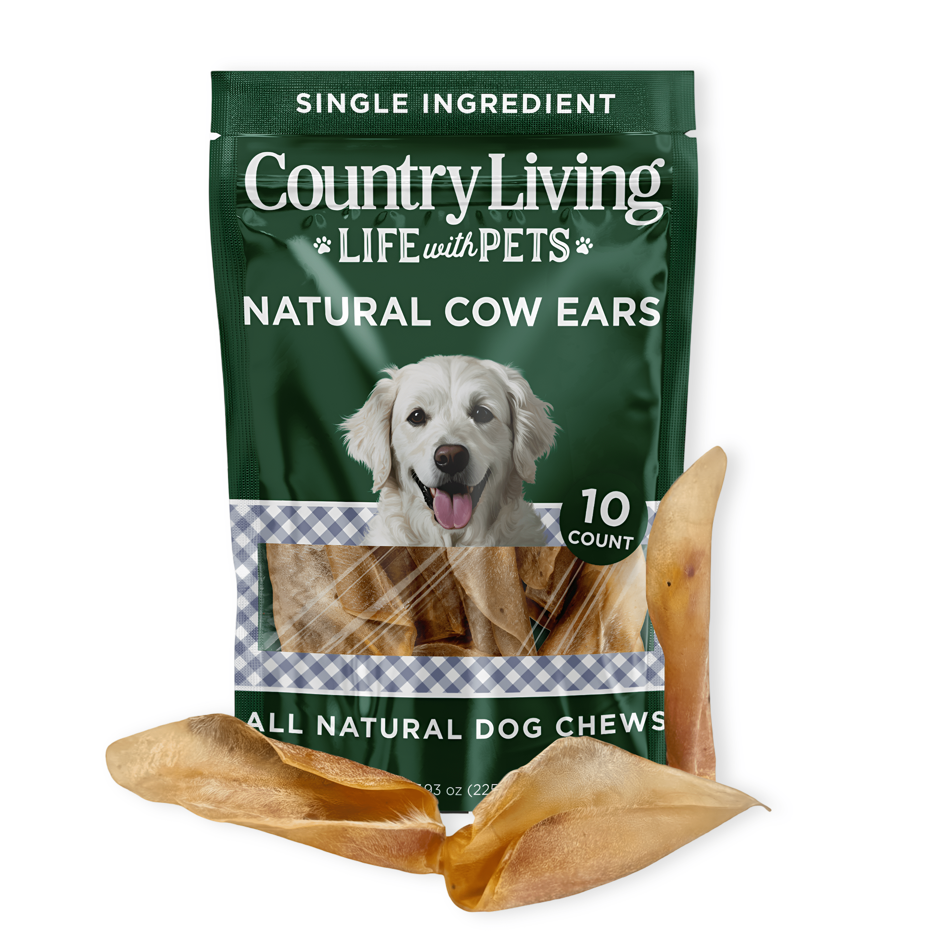 Country Living Natural Cow Ears Dog Chews – 10 Count Bag – All - Natural, Single - Ingredient, Long - Lasting Dog Chews – High - Protein, Low - Fat, Rawhide - Free – Supports Dental Health - Mac's Got More