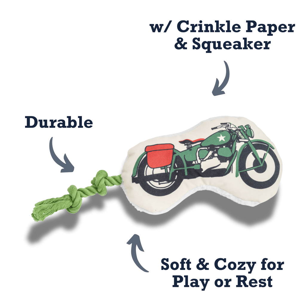 Country Living Retro Army Motorcycle with Squeaker & Crinkle Paper Plush Dog Toy - Mac's Got More