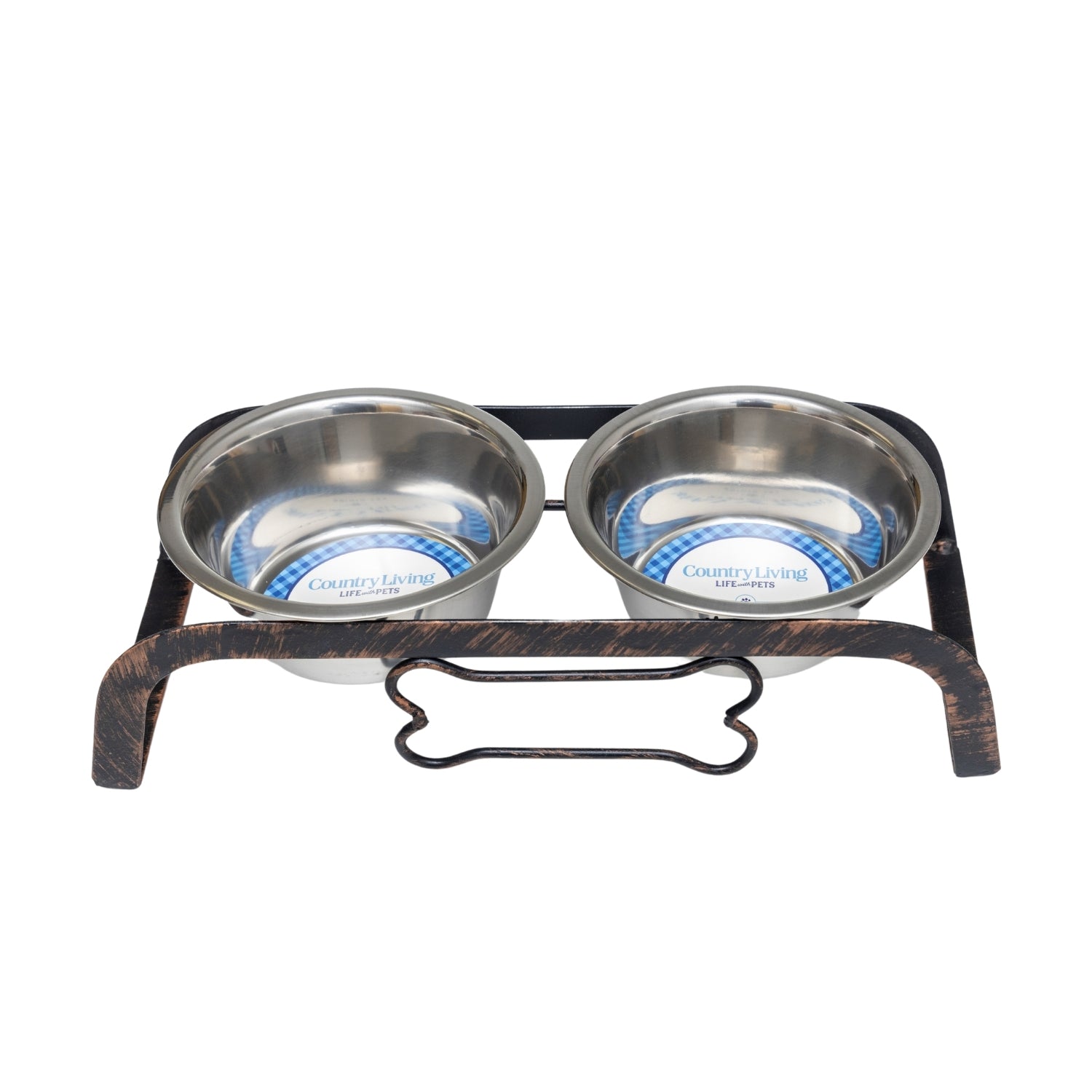 Country Living Rustic Dog Bone Elevated Feeder with 2 Stainless Steel Bowls - Mac's Got More