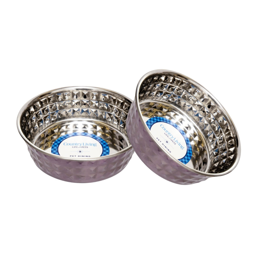 Country Living Set of 2 Hammered Stainless Steel Dog Bowls – Lavender - Mac's Got More