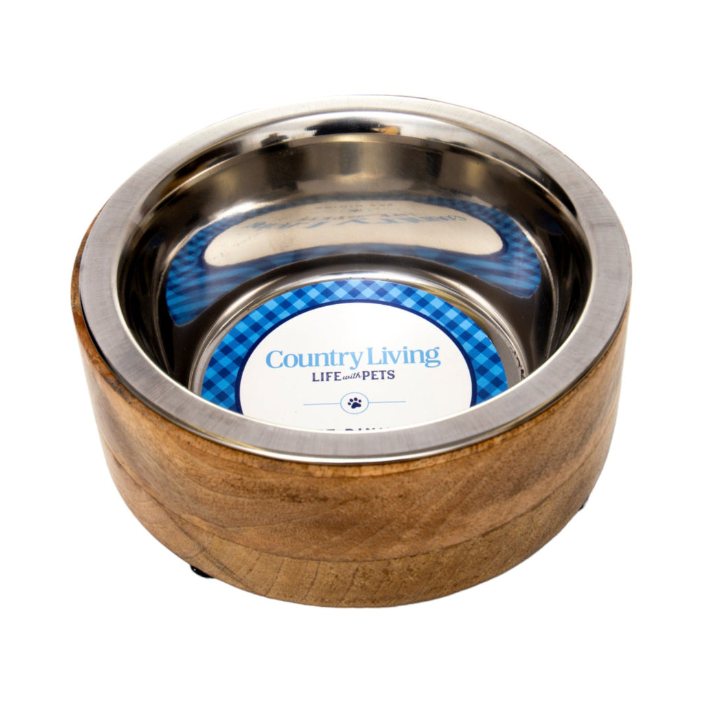 Country Living Stainless Steel Dog Bowl with Cylindrical Mango Wood Holder - Mac's Got More