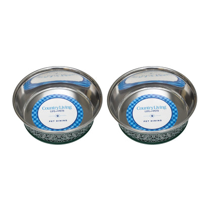 Country Living Set of 2 Stainless Steel Dog Bowls – Farmhouse Style, Ideal for Small to Medium Dogs