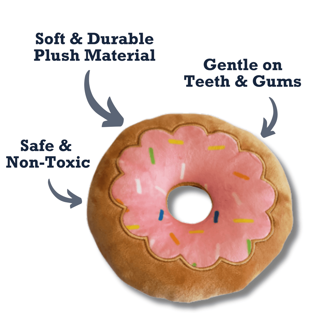 Donut Plush Dog Toy – Soft, Chewy and Cuddly, Safe & Non - Toxic, Ideal for Fetching, Tug - of - War, Gentle Chewing – Strawberry - Mac's Got More