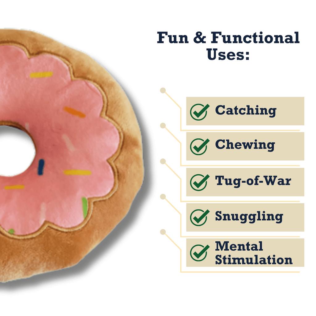 Donut Plush Dog Toy – Soft, Chewy and Cuddly, Safe & Non - Toxic, Ideal for Fetching, Tug - of - War, Gentle Chewing – Strawberry - Mac's Got More