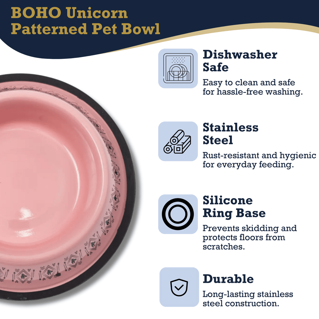 Non - Skid Boho Stainless Steel Dog Bowl – with Whimsical Unicorn Design, Silicone Base for Medium Dogs – 24oz - Mac's Got More