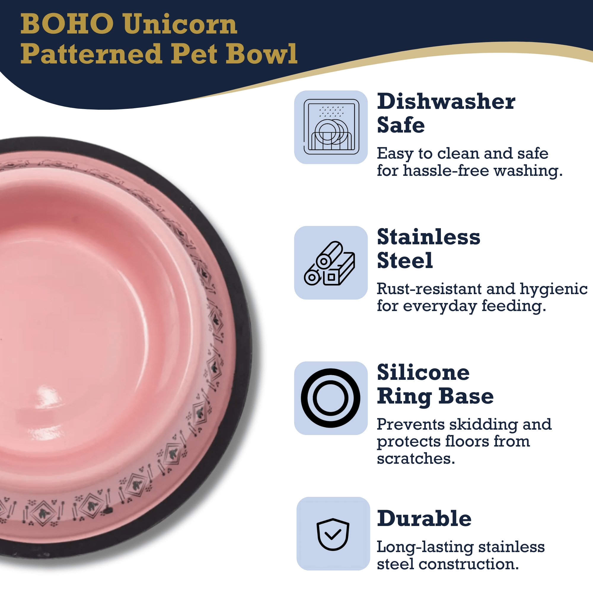 Non - Skid Boho Stainless Steel Dog Bowl – with Whimsical Unicorn Design, Silicone Base for Medium Dogs – 24oz - Mac's Got More
