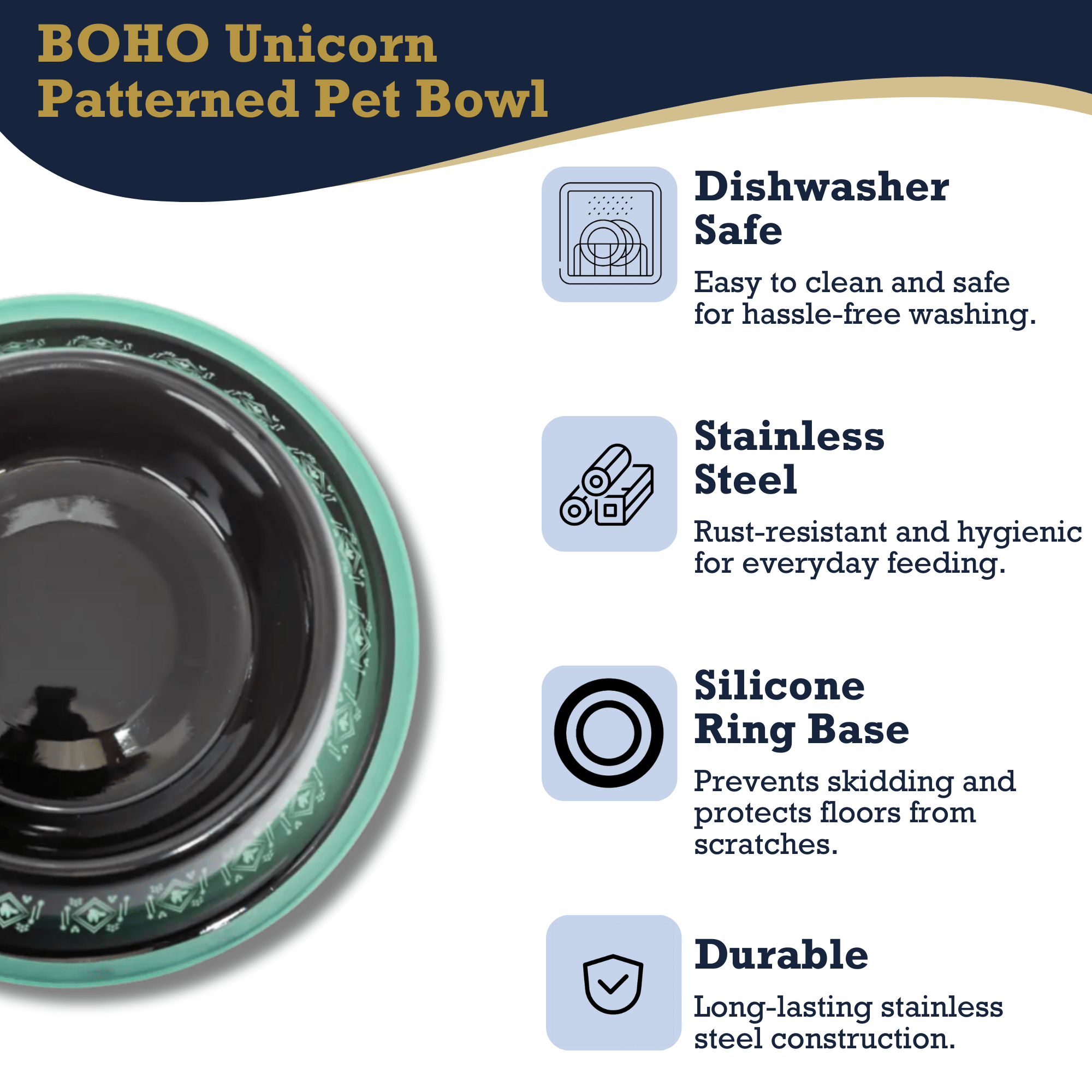Non - Skid Boho Stainless Steel Dog Bowl – with Whimsical Unicorn Design, Silicone Base for Medium Dogs – 24oz - Mac's Got More