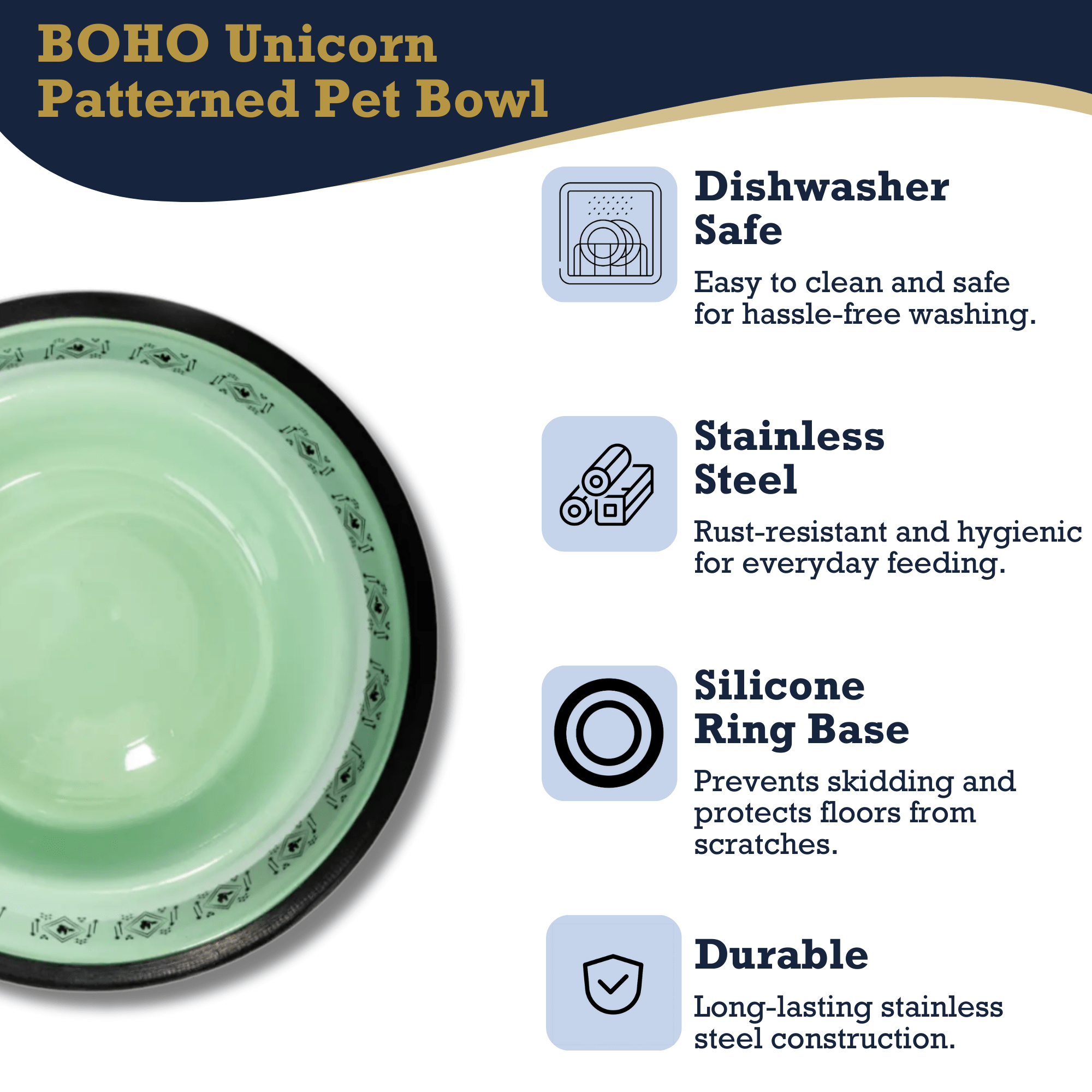Non - Skid Boho Stainless Steel Dog Bowl – with Whimsical Unicorn Design, Silicone Base for Medium Dogs – 24oz - Mac's Got More