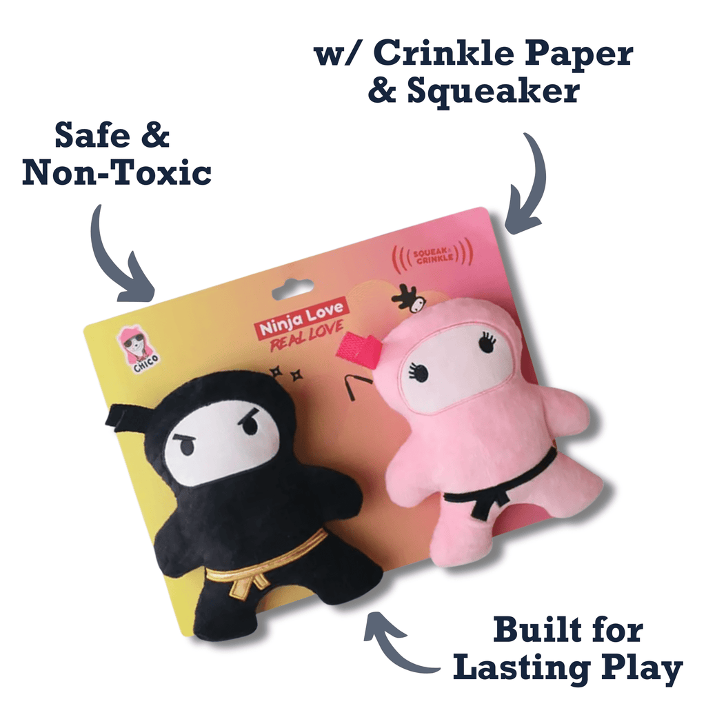 Pink & Black Ninja Love Plush Dog Toy Gift Set – with Squeaker & Crinkle Paper for Fun Play - Mac's Got More