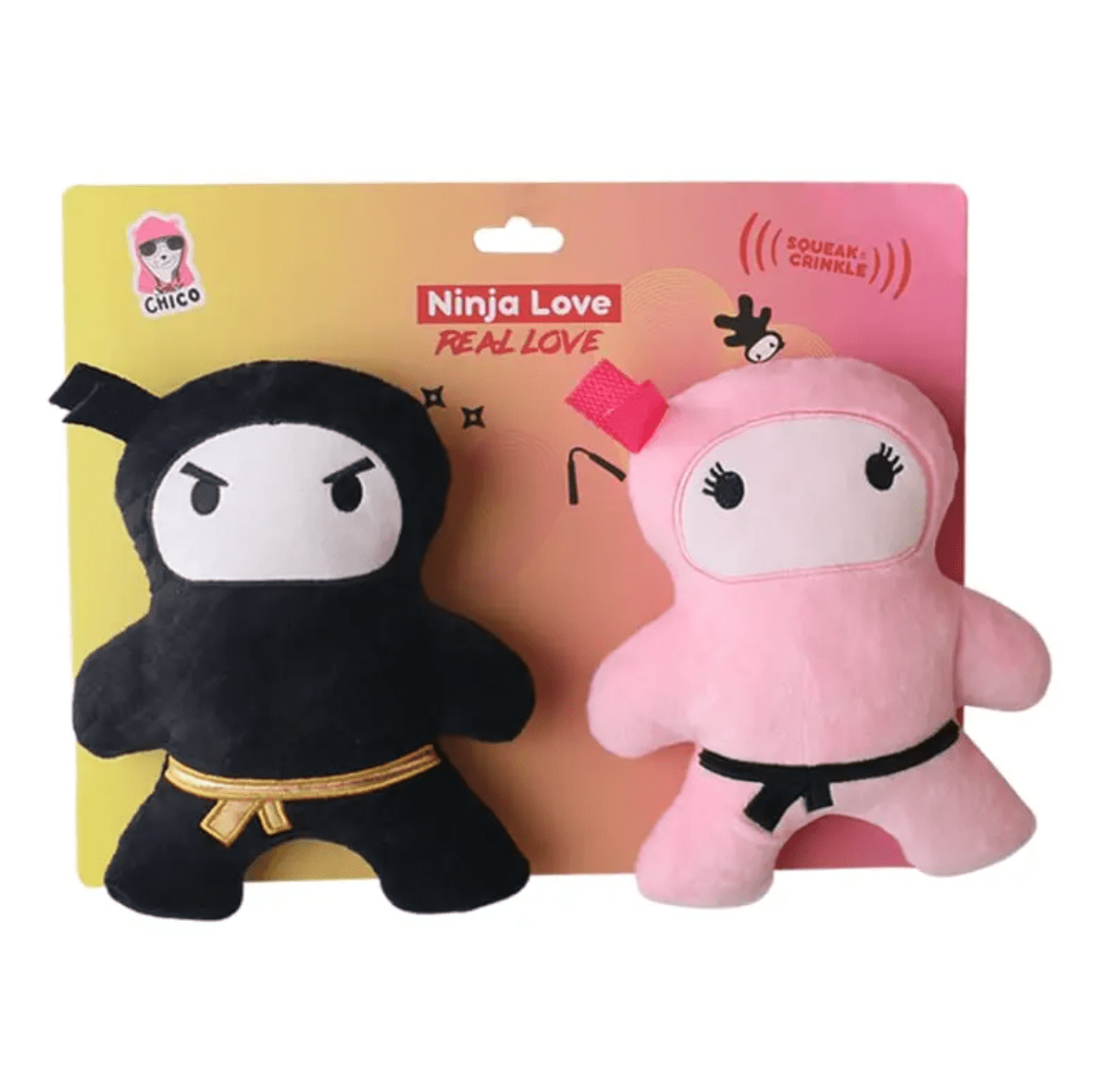 Pink & Black Ninja Love Plush Dog Toy Gift Set – with Squeaker & Crinkle Paper for Fun Play - Mac's Got More