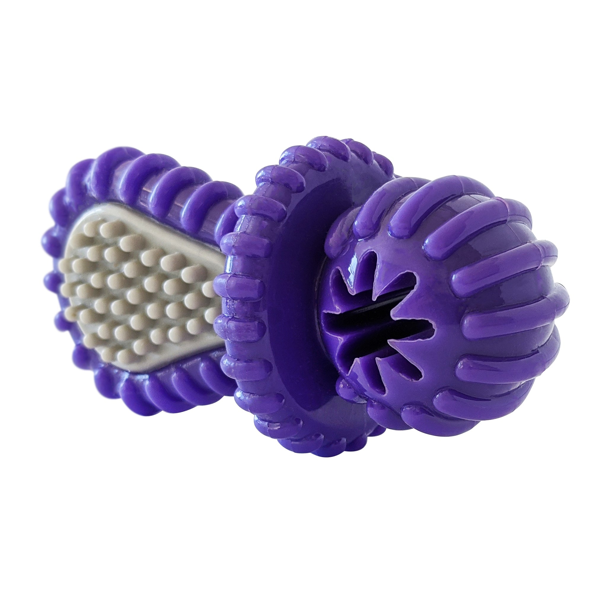 Purple Rubber Dental Pacifier Dog Toy – Ridges, Treat Hole & Durable Design - Mac's Got More
