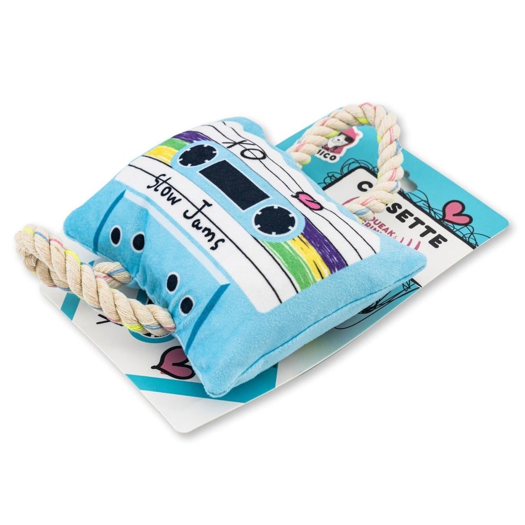 Retro Cassette Tape Plush Dog Toy – with Squeaker & Crinkle Paper for Fun Play - Mac's Got More