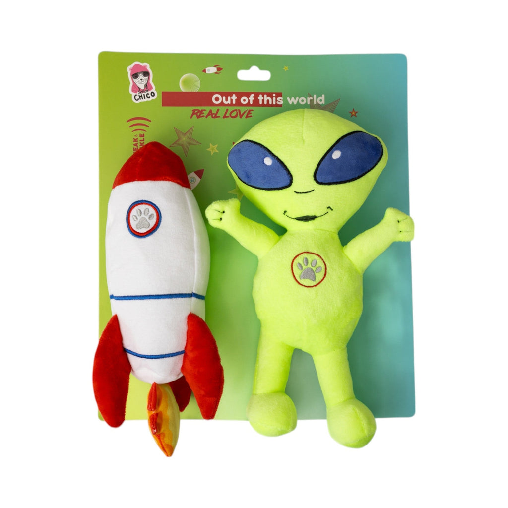 Space Alien & Rocket Plush Dog Toy Gift Set – with Squeaker & Crinkle Paper for Fun Play - Mac's Got More