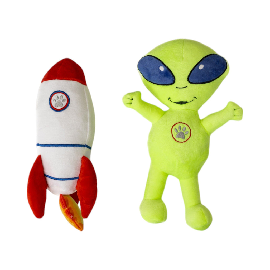 Space Alien & Rocket Plush Dog Toy Gift Set – with Squeaker & Crinkle Paper for Fun Play - Mac's Got More
