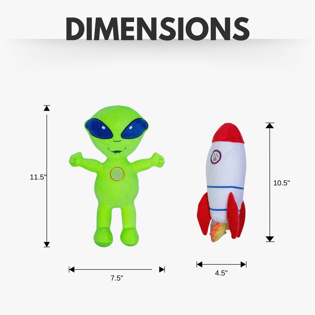 Space Alien & Rocket Plush Dog Toy Gift Set – with Squeaker & Crinkle Paper for Fun Play - Mac's Got More