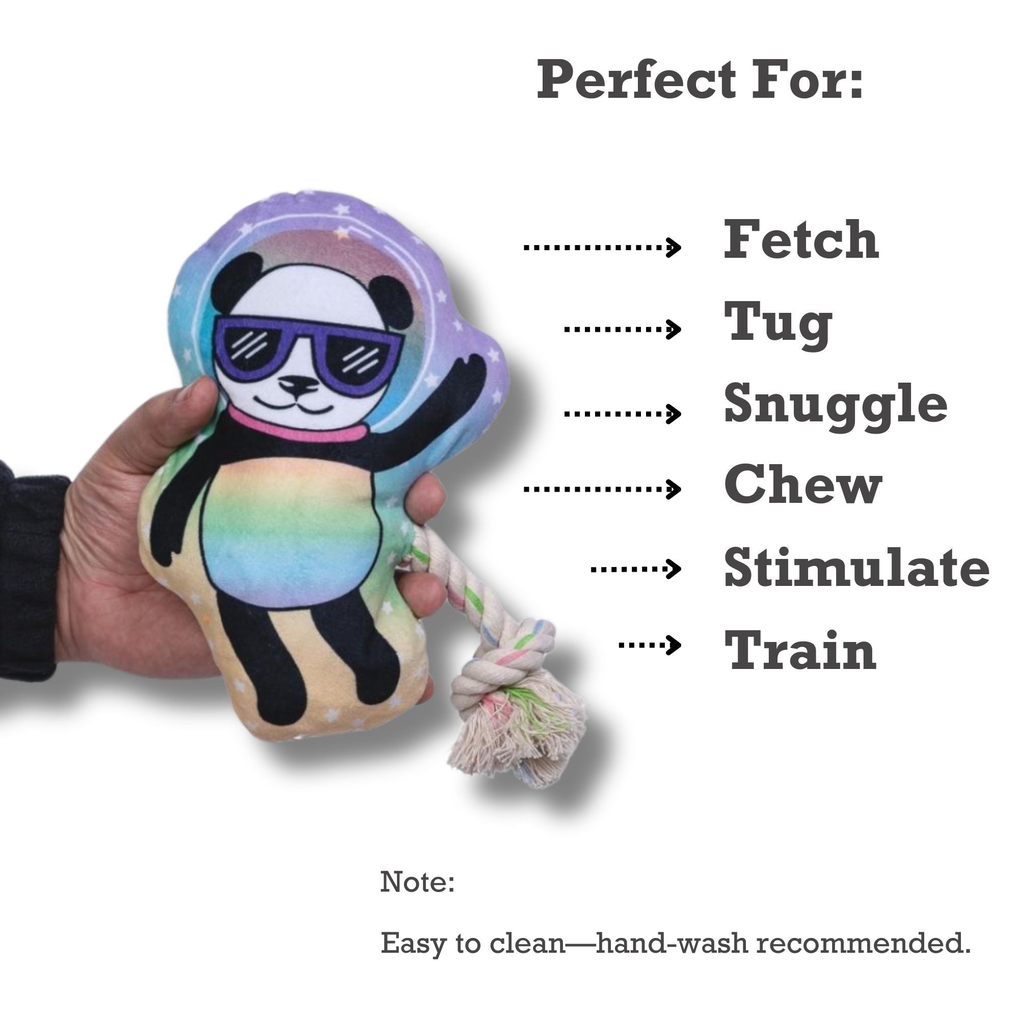 Space Panda Plush Dog Toy – with Squeaker & Crinkle Paper for Fun Play - Mac's Got More