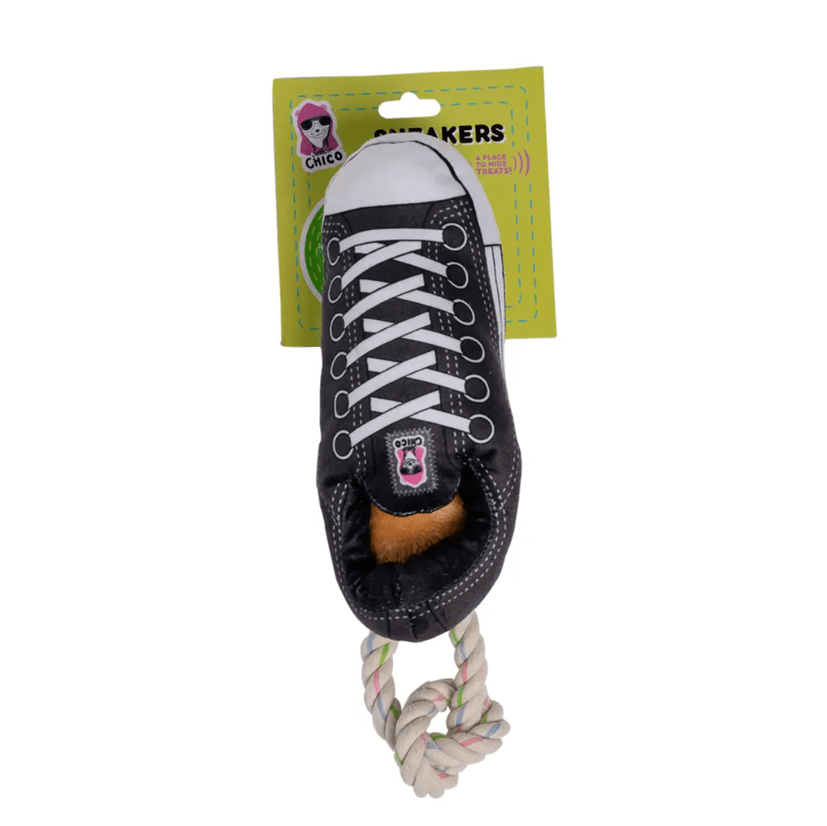 Squeaky Comfort Plush Sneaker Dog Toy – with Treat Compartment, Safe & Durable – Black - Mac's Got More
